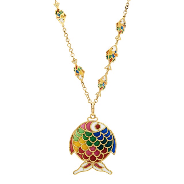 Vintage Plique a Jour Fish Necklace 18k Yellow Gold 26" Chain For Sale