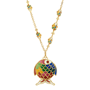 Vintage Plique a Jour Fish Necklace 18k Yellow Gold 26" Chain