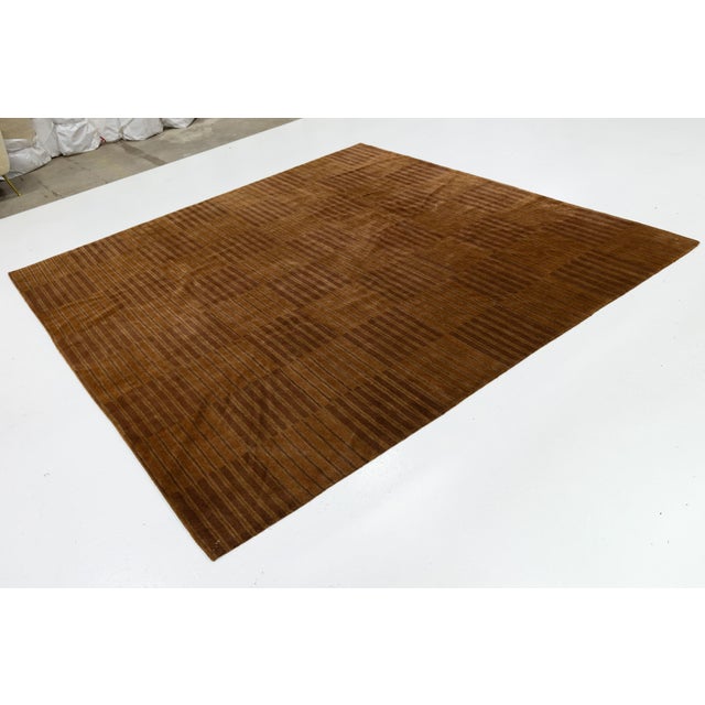 2020s Modern Nepalese Tibetan Wool & Silk Rug With Minimalist Brown Stripes Design For Sale - Image 5 of 9