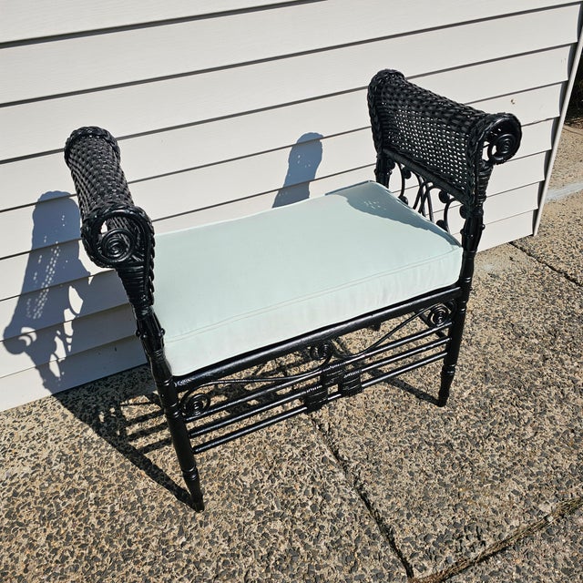 Wood 1920s Ebonized Ypsilanti Wicker Fiddlehead Vanity Bench For Sale - Image 7 of 11