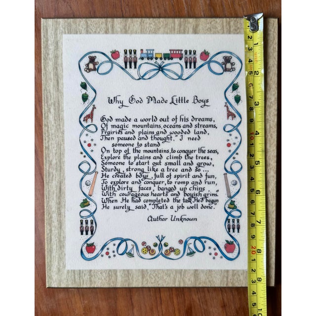 This charming, authentic 1970s retro wooden wall plaque featuring the beloved poem "Why God Made Little Boys" by Author...