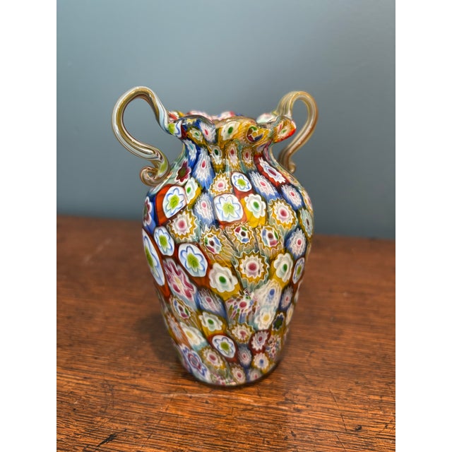 Late 19th Century Fratelli Toso Murano Millefiori Double Handled Glass Vases- A Pair For Sale - Image 5 of 10
