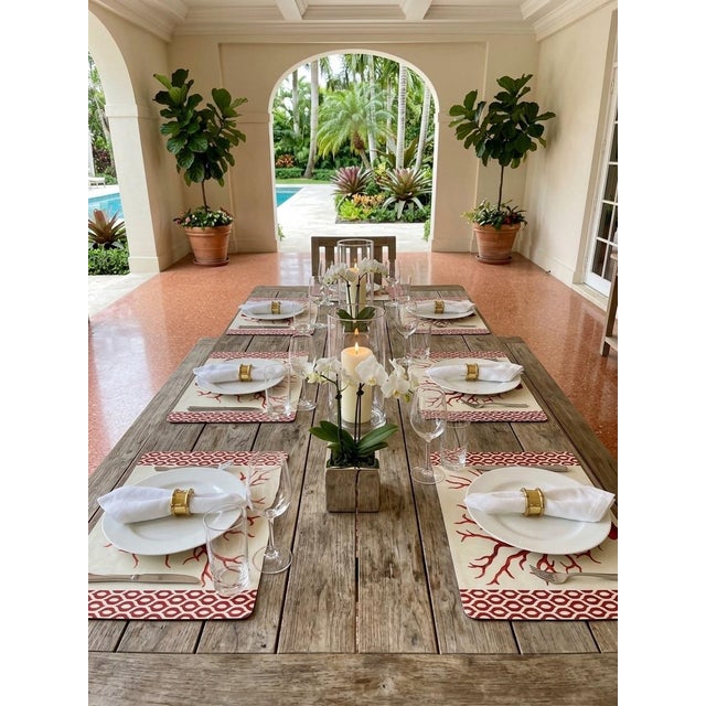 Coastal Cork-Backed Hardmat Placemat – Red Sea Coral With Ikat Border For Sale In West Palm - Image 6 of 9
