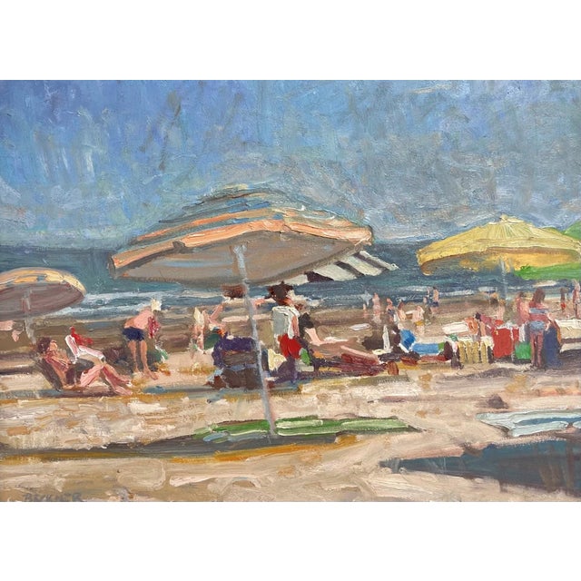 Contemporary Beaches 7 by Jim Beckner | Oil on canvas Beach scene with umbrellas and people. For Sale - Image 3 of 4
