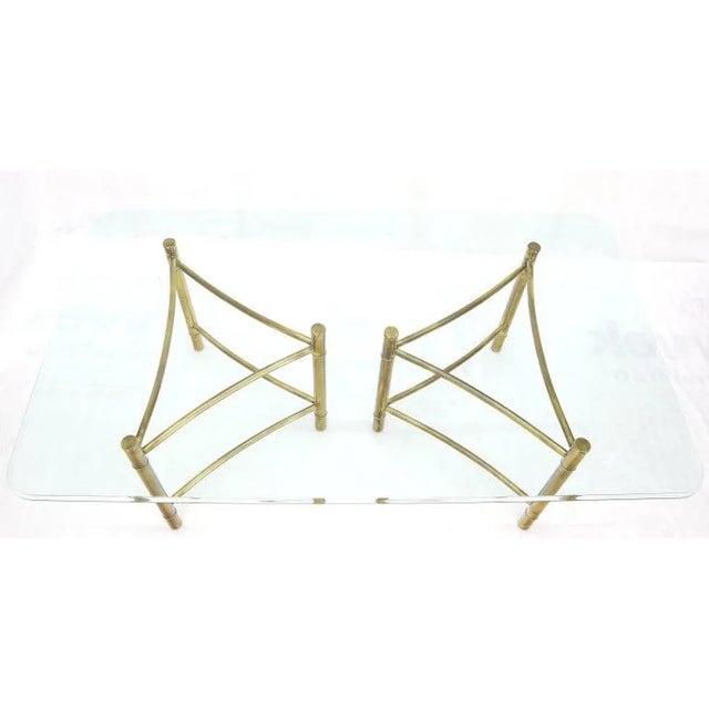 1970s 1970s Mid Century Brass Mastercraft Faux Bamboo Double Pedestal & Glass Top Dining Table For Sale - Image 5 of 9
