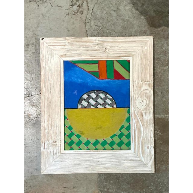 Vintage Geometric Abstract Oil Crayon Drawing For Sale - Image 9 of 12