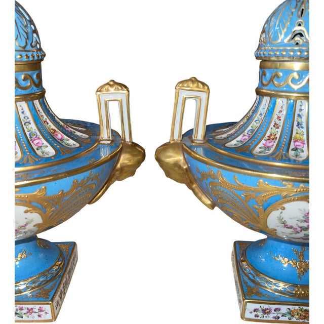 Ceramic Pair of Sèvres Style Celestial Blue Porcelain Urns. Early 20th Century, France. For Sale - Image 7 of 12