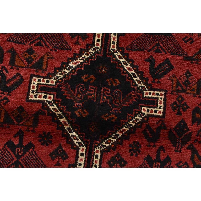 Textile Shiraz Rug 3’11” X 5’2” Red Wool Vintage Tribal Hand-Knotted Oriental Carpet For Sale - Image 7 of 13