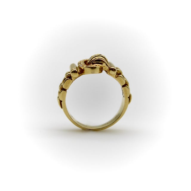 Metal Vintage 18k Gold Diamond and Ruby Buckle Ring, Size 4.5 For Sale - Image 7 of 10
