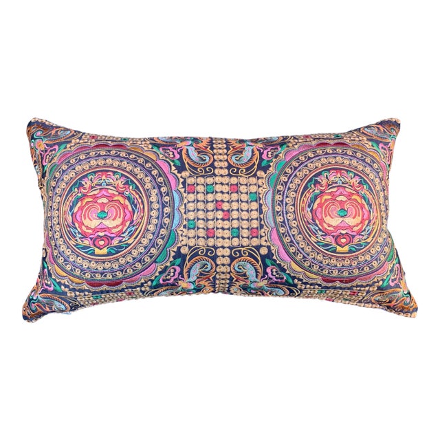 Hollywood Regency Black Silk Colorful Embroidered Chinoiserie Moth Pillow For Sale