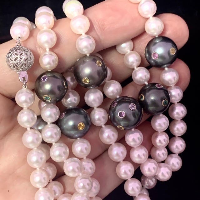 Akoya Tahitian Pearl Diamond Sapphire Necklace 14k Gold Certified For Sale - Image 15 of 16