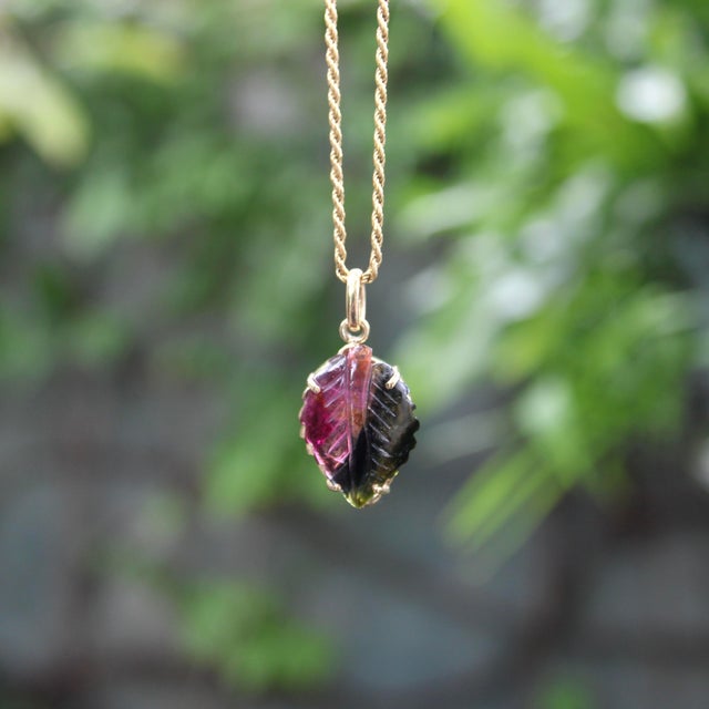 Metal 14k Gold Watermelon Tourmaline Carved Leaf Pendant For Sale - Image 7 of 9