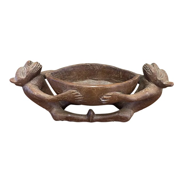 Vintage Hand Carved Wooden Bowl With Figurines For Sale