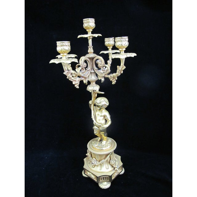 Italian Rococo Style Gilt Bronze Candelabra Candlestick Pair With Putti Cherubs For Sale - Image 14 of 16