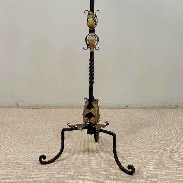Spanish Revival Hand Forged Iron and Brass Torchère ~ Floor Candelabra For Sale - Image 9 of 18