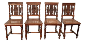 Set of Four Antique French Brittany Carved Cane Seat Dining Room Chairs