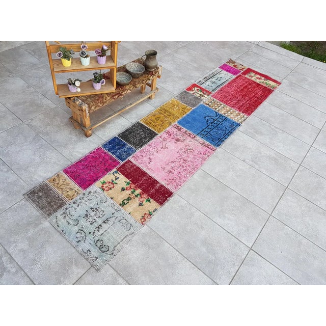 Pink Hallway Vintage Colourful Runner Rug For Sale - Image 8 of 10