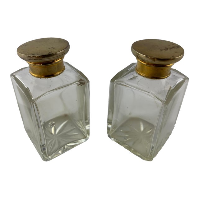 Antique Square Glass Perfume Bottles With Brass Tops For Sale