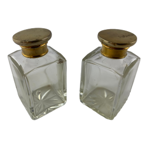 Antique Square Glass Perfume Bottles With Brass Tops