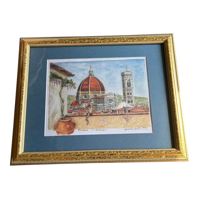 Framed Watercolor of Firenze Il Duomo. By Peolo Bellini 2003 Focused on Cathedral Di Santa Maria Del Fiore For Sale