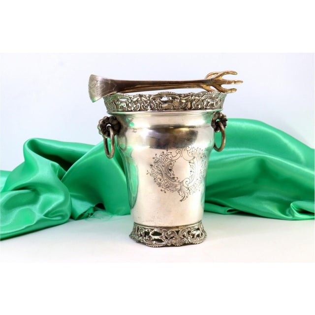 Ice Bucket with Silver Tongs and Ring-Shaped Handles For Sale - Image 6 of 7