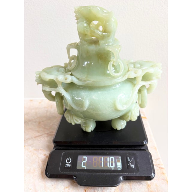 Antique Chinese Qing Dynasty Celadon Jade Incense Burner With Stand & Case 1910 For Sale - Image 9 of 12