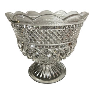 Vintage Anchor Hocking Wexford Large Pressed Glass Pedestal Bowl – Diamond-Cut Footed Compote, 1960s For Sale