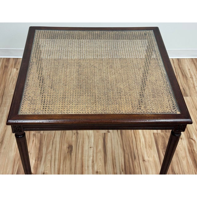 Vintage Carved Wood Caned Game Table With Inset Glass Top For Sale - Image 4 of 11