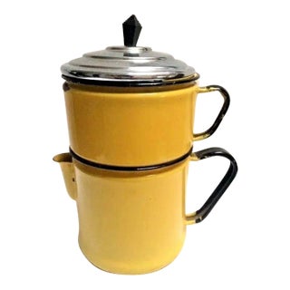 Antique French Art Deco Bright Yellow Graniteware Coffee Pot Bakelite Handle For Sale