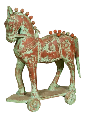 Handmade Vintage Indian Temple Horse Toy on Wheels from Madras with Spheres