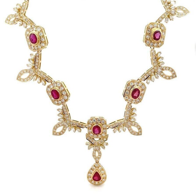 Diamond Ruby 18ct Necklace 18k Yellow Gold Floral Leaf Style Evening Wear For Sale - Image 4 of 7