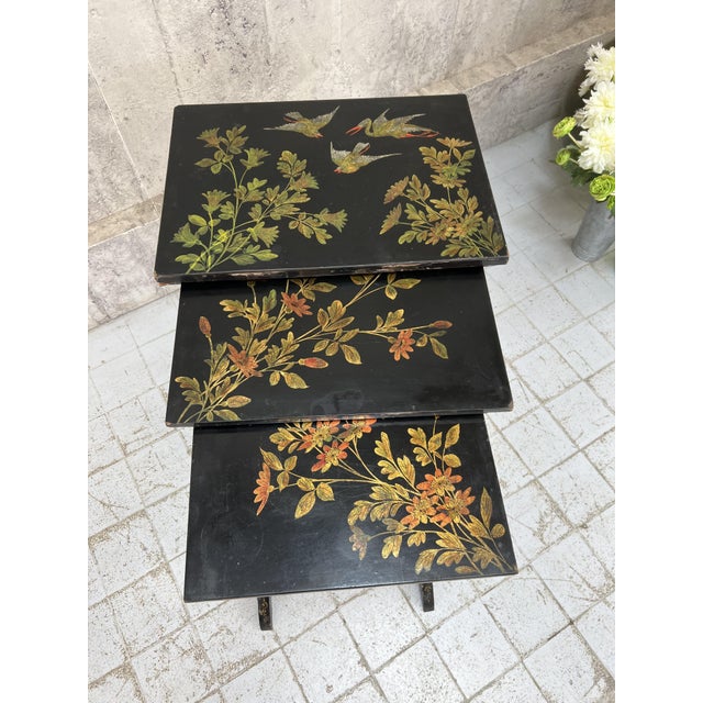 Napoleon III Ebonized Decorative Nest of 3 Occasional Tables, 1890s, Set of 3 For Sale - Image 3 of 18