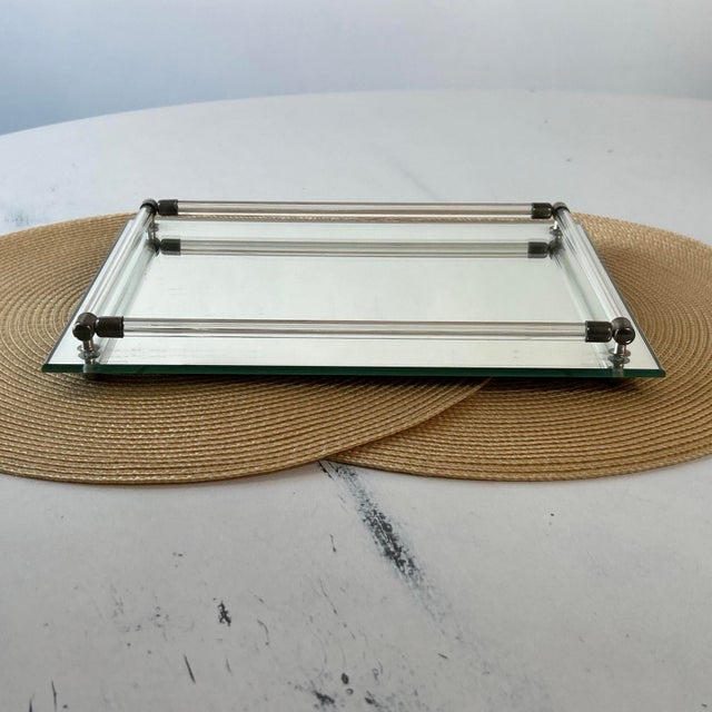 Hollywood Regency Vintage Mirrored Vanity Tray With Lucite Rails, Brass Accents and Footed Bottom 1.5”Hx12”Lx9”W For Sale - Image 3 of 8