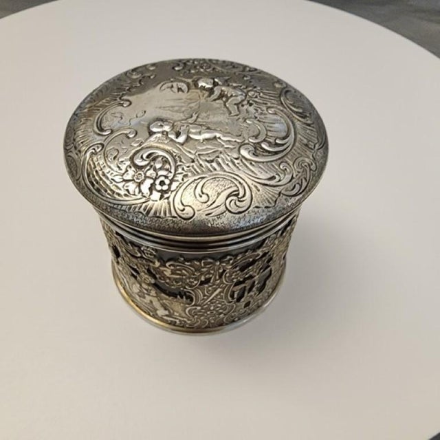 19th Century German Hanau .800 Silver & Heavy Glass Putti Dresser Jar For Sale - Image 10 of 16