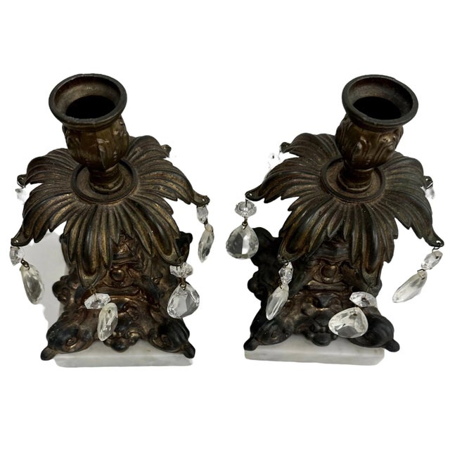 1990s Italian Brass and Crystal Centerpiece and Candle Holders on Marble Bases - a Set of 3 For Sale - Image 5 of 9