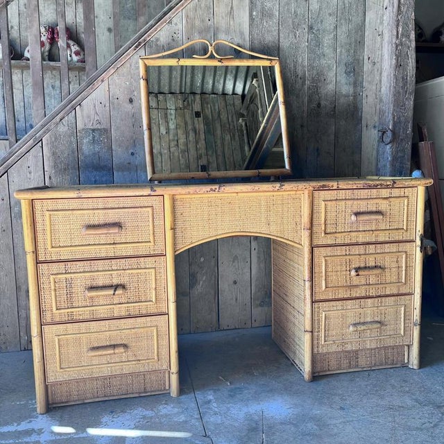 Cane and Bamboo Dressing Table with Tilting Mirror For Sale - Image 4 of 8