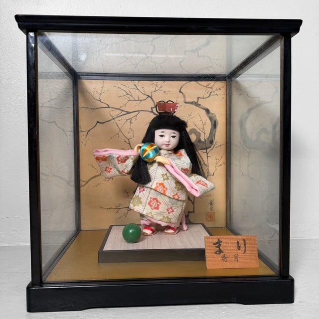 1970s Hina-Ningyō Girl with Temari Ball Doll with Glass Display Case, 1970s For Sale - Image 5 of 12