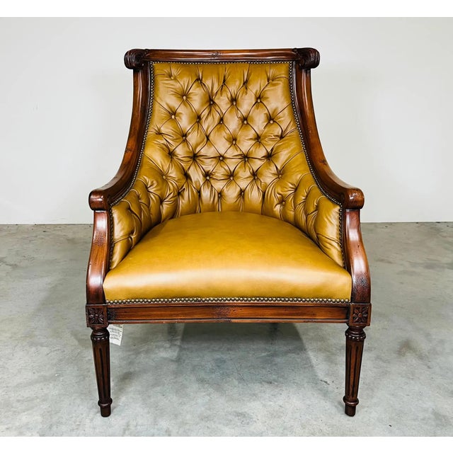 Animal Skin Louis XVI Style Tufted Golden Cognac Leather Lounge Chair by Old Hickory Tannery For Sale - Image 7 of 12