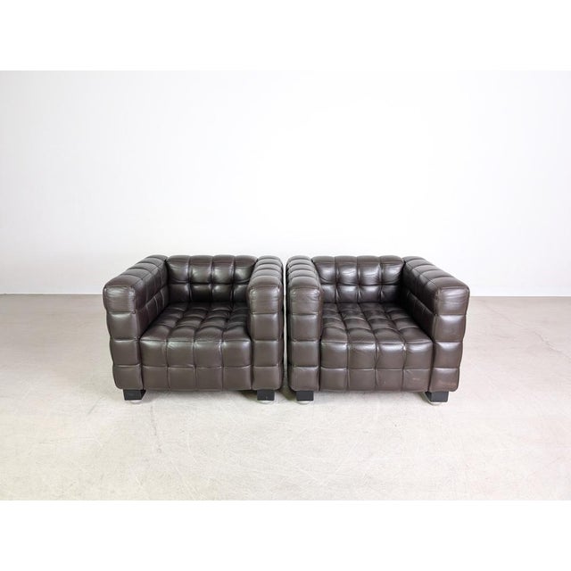 Beautiful Wittmann Kubus armchair in brown leather for sale. Designed by Josef Hoffmann, this chair is considered a true...