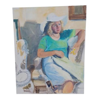 Vintage Modern Portrait Oil Painting of Woman in Hat For Sale