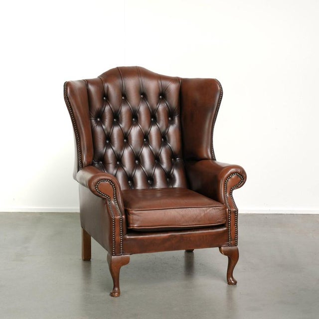 English Brown Cowhide Chesterfield Wing Lounge Chair For Sale - Image 13 of 13