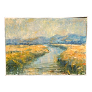 River Landscape with Mountains, 1960s, Oil on Canvas, Framed For Sale