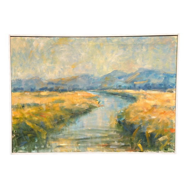 River Landscape with Mountains, 1960s, Oil on Canvas, Framed For Sale