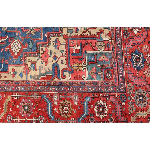 Antique Persian Heriz Serapi Rug With Blue Field Geometric Medallion Design For Sale - Image 11 of 17