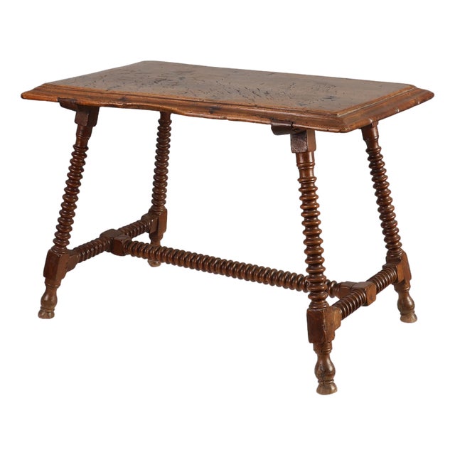 Antique 17th Century Oak Side Table with Turned Legs and Stretcher Base, Spain For Sale