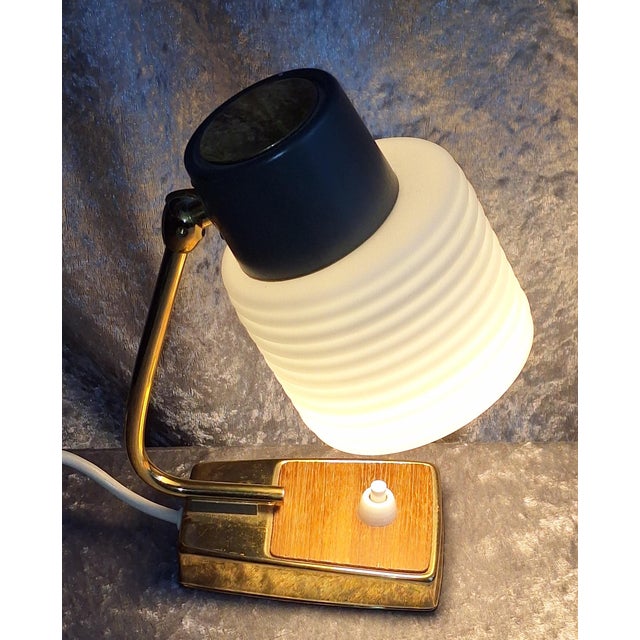 1960s Mid-Century Brass and Teak Wood Table Lamp with White Glass Shade, Germany, 1960s For Sale - Image 5 of 7