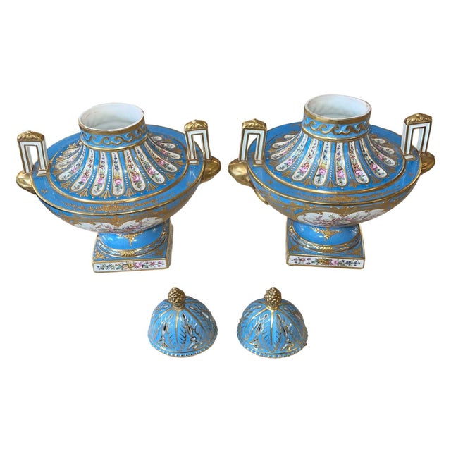 Pair of Sèvres Style Celestial Blue Porcelain Urns. Early 20th Century, France. For Sale In Los Angeles - Image 6 of 12