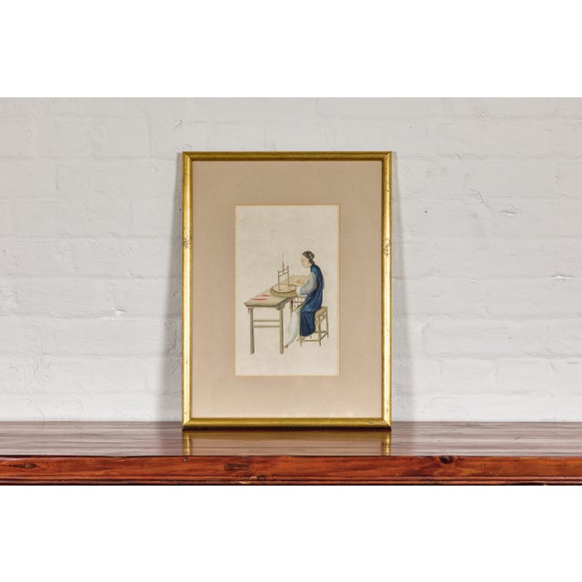 Mid 20th Century Woman in a Blue Dress Threading Silk Chinese Watercolor in Gilt Frame For Sale - Image 5 of 12