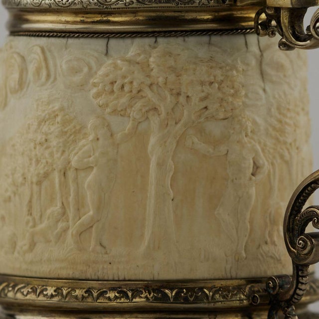Silver Beer Tankard with Atlas and Carved Ivory Religious Scenes from Lübeck For Sale - Image 5 of 15