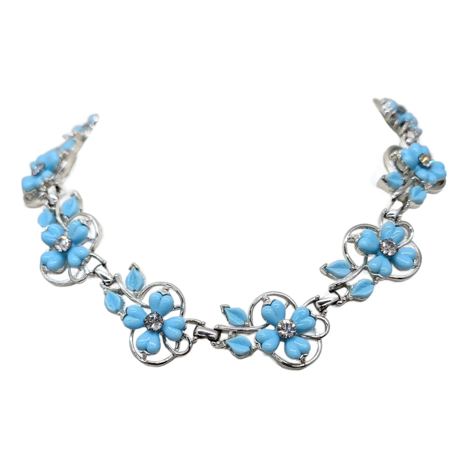 【未使用・タグ付き】KRAMER ヴィンテージ ネックレス フラワー ブルー Vintage Signed Kramer Blue Flowers & Clear Rhinestone Necklace